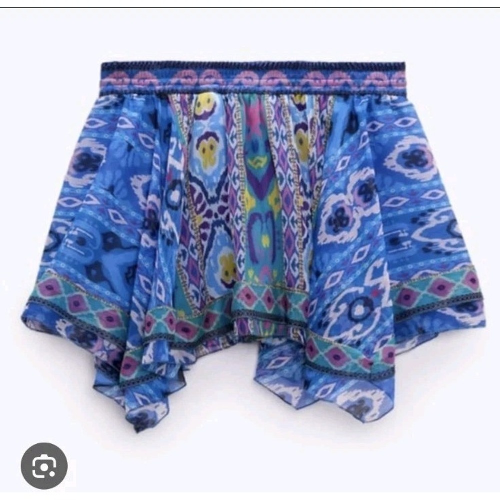 NWT ZARA PRINTED SKIRT high waisted Xs New Boho Asymmetrical Blue Short‎ Aztec